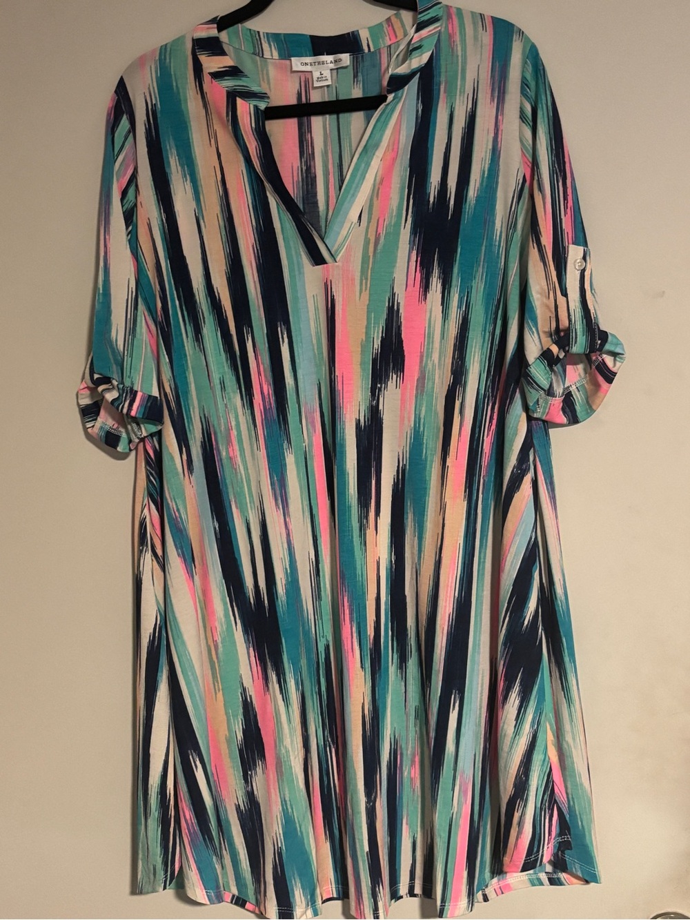NWOT One the land Abstract Stripe Midi Dress - Teal, Pink & Navy